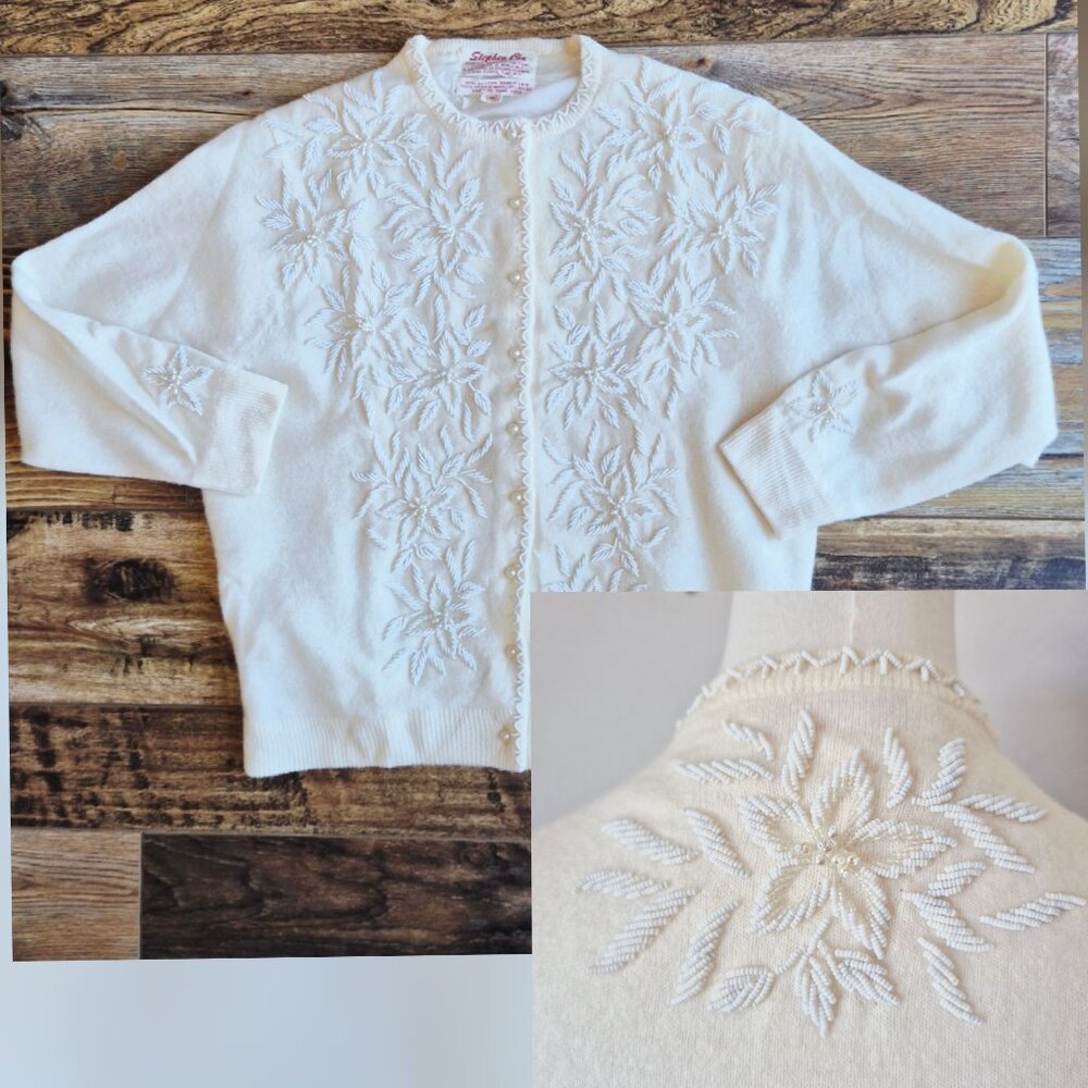 Vintage Stephen Chu Beaded Pearl Rabbit Hair Lamswool Cardigan Lined Iovry